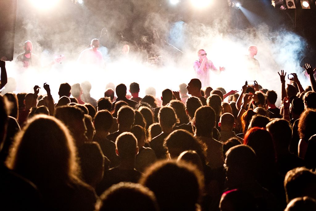 Enthousiast publiek met handen in de lucht tijdens een live tributeshow