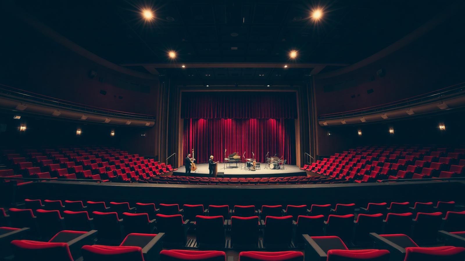 Theaterzaal met rode stoelen en podium klaar voor een tributeshow