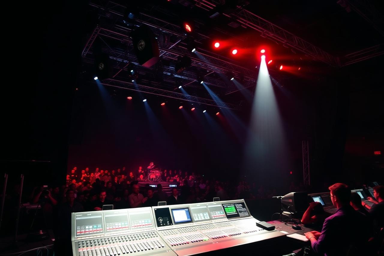 Line array geluidssysteem en mengtafel op een concertpodium