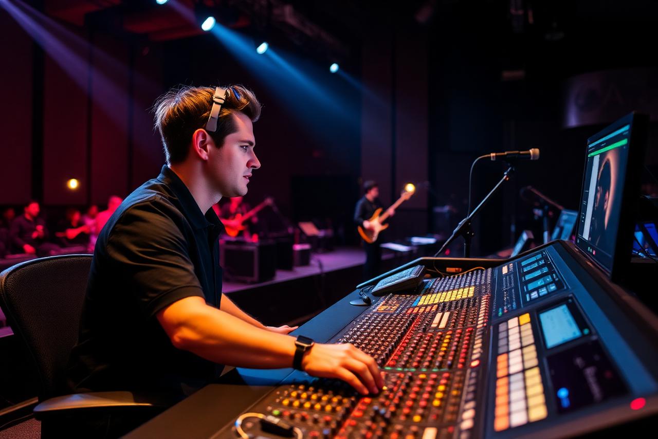 Geluidstechnicus achter een digitale mengtafel tijdens een soundcheck