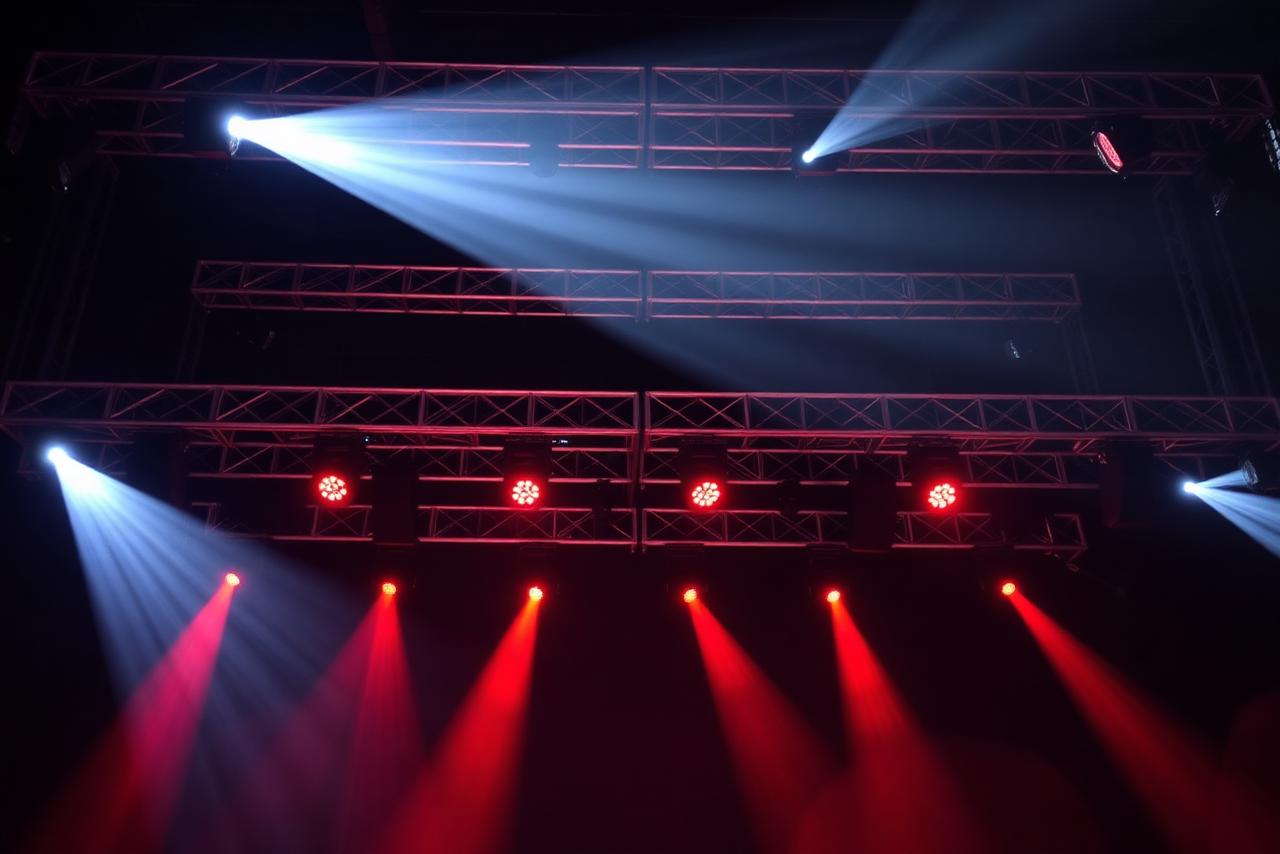 Lichtbrug met moving heads en rode lichtbundels boven een podium